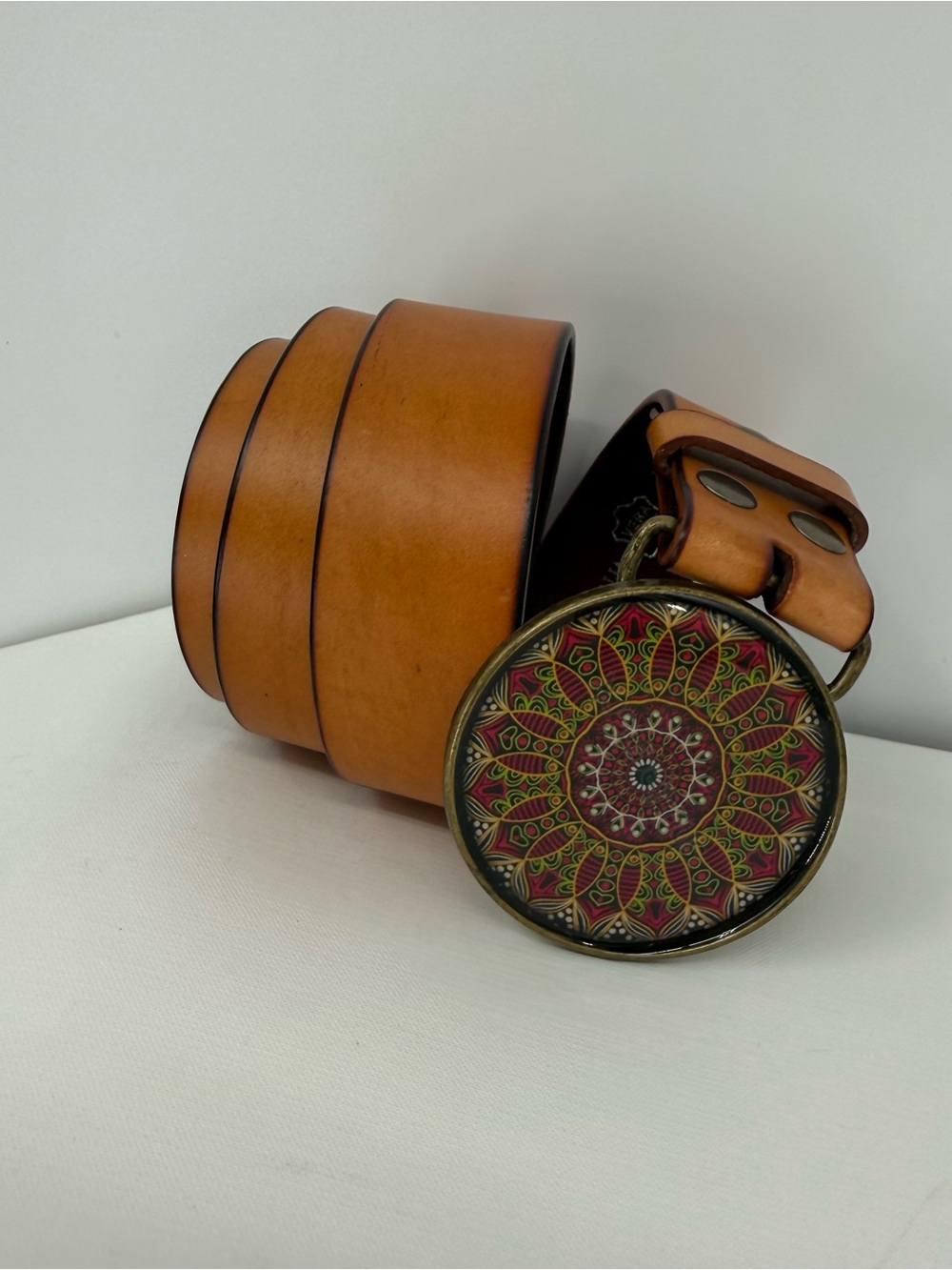 Vera Pelle Tan Leather Belt with Decorative Mandala Buckle